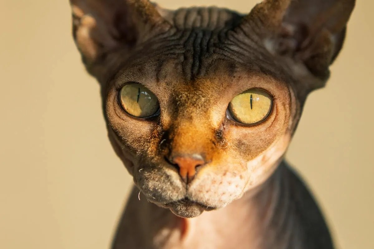 Close-up portrait of a Sphynx cat with golden yellow eyes and wrinkled skin against a warm beige background