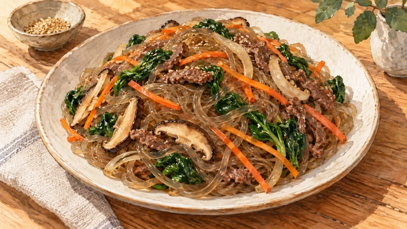 Illustration of translucent japchae noodles mixed with beef strips, spinach, carrots, onion and shiitake mushrooms.
