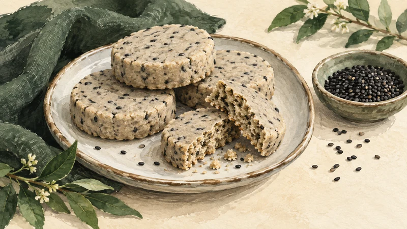 Illustration of round black sesame shortbread cookies on a ceramic plate, with a broken cookie showing its crumb.