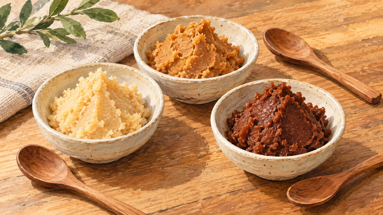 Illustration of pale, tan and reddish-brown miso pastes in three small ceramic dishes on a wooden table.