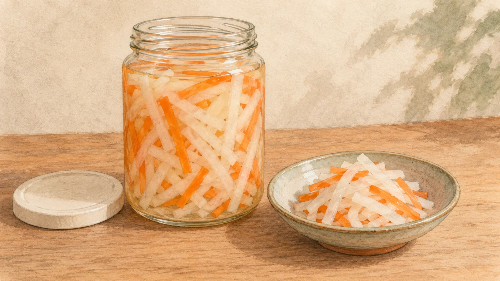 Watercolor illustration of orange carrot and white daikon matchsticks in a glass jar of brine beside a drained serving in a ceramic dish