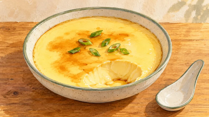 Illustration of smooth Chinese steamed egg custard with scallions and soy sauce, with a spoonful removed near the front.