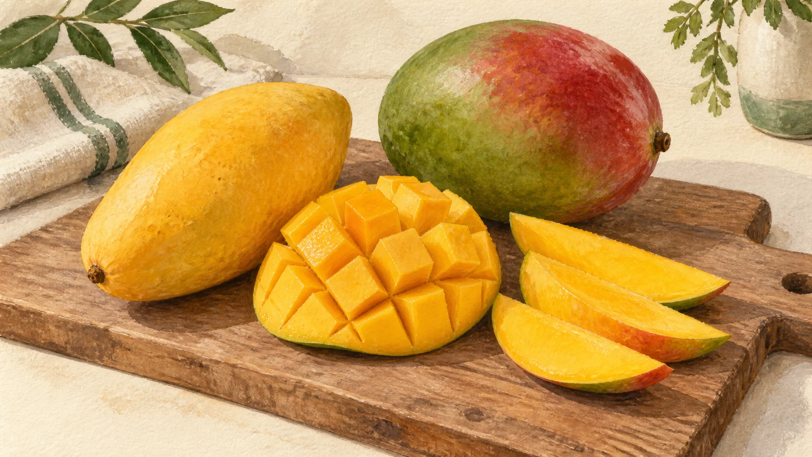 Illustration of yellow and green-red whole mangoes beside a scored mango cheek and slices on a board.