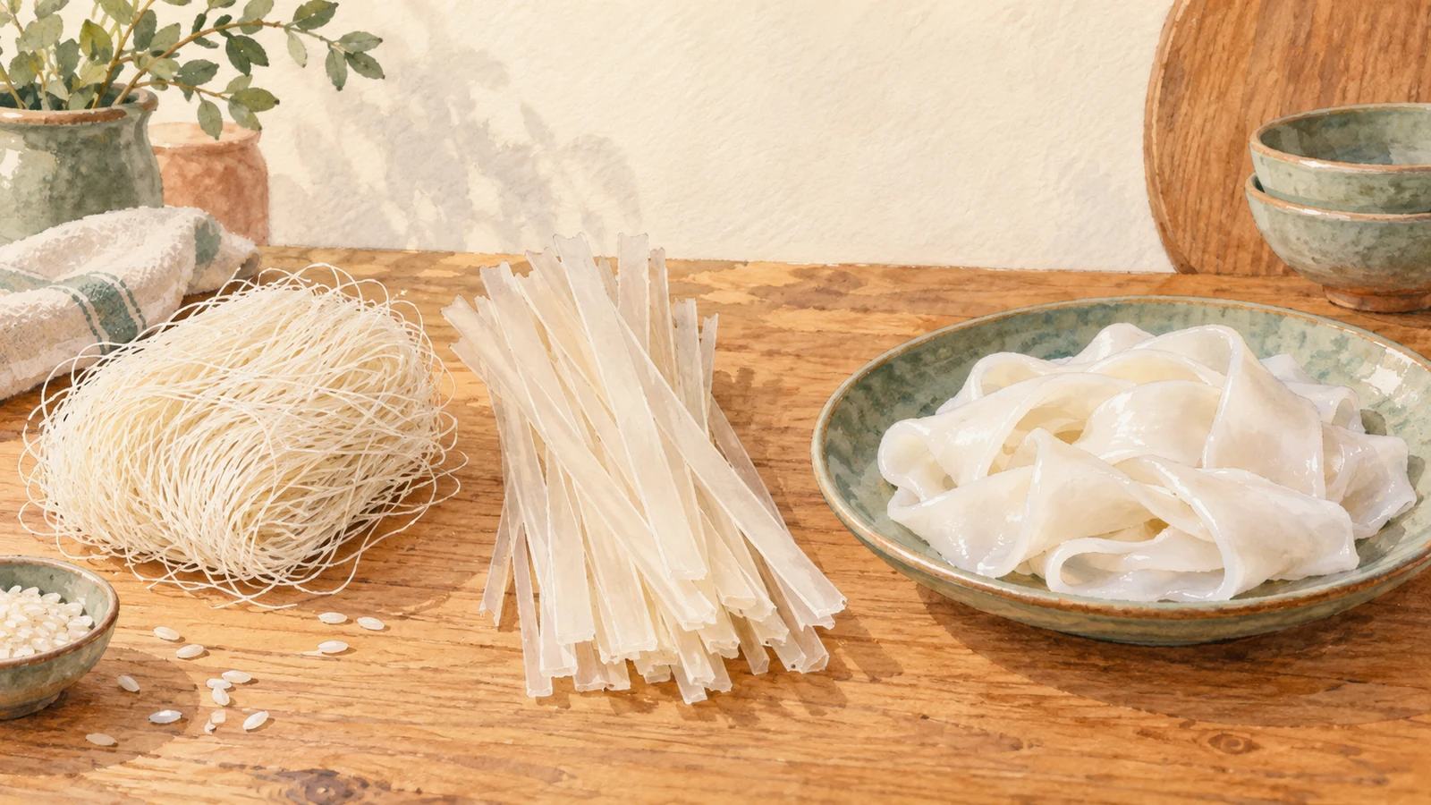 Illustration of fine dry rice vermicelli, flat dry rice sticks and broad fresh rice-noodle ribbons arranged on a wooden table