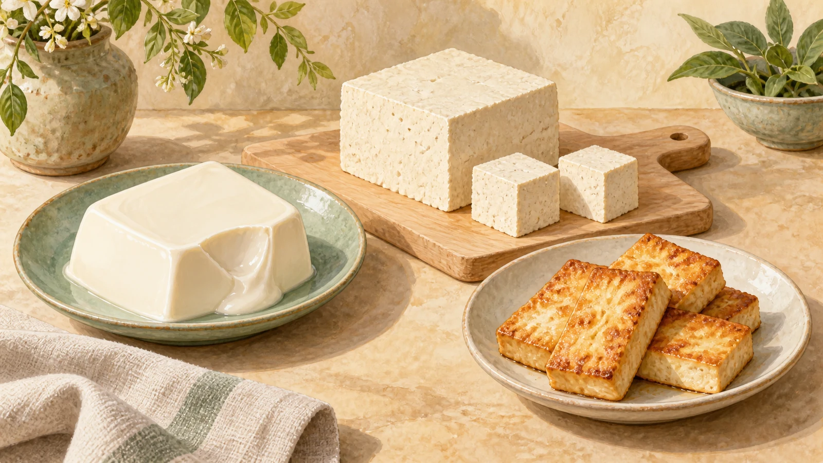 Illustration of smooth silken tofu, a regular tofu block and golden pan-fried slices on ceramic plates.