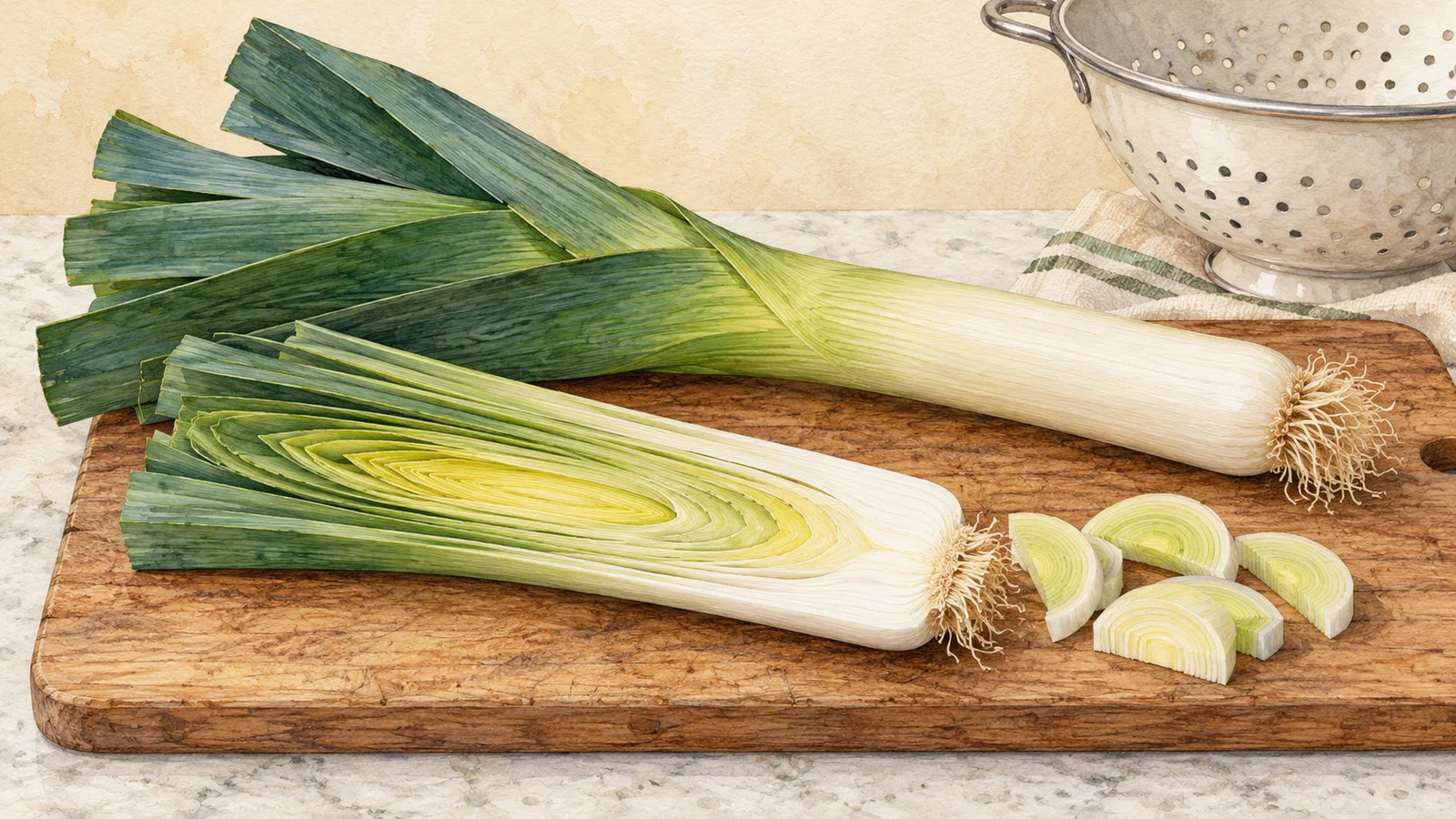 Illustration of a whole leek and a lengthwise split leek with exposed layers beside pale half-moon slices on a cutting board