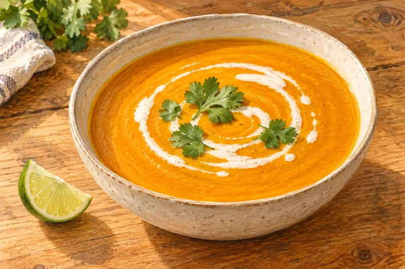 Watercolor illustration of smooth orange coconut curry pumpkin soup with a pale coconut swirl and green herb leaves in a cream bowl.