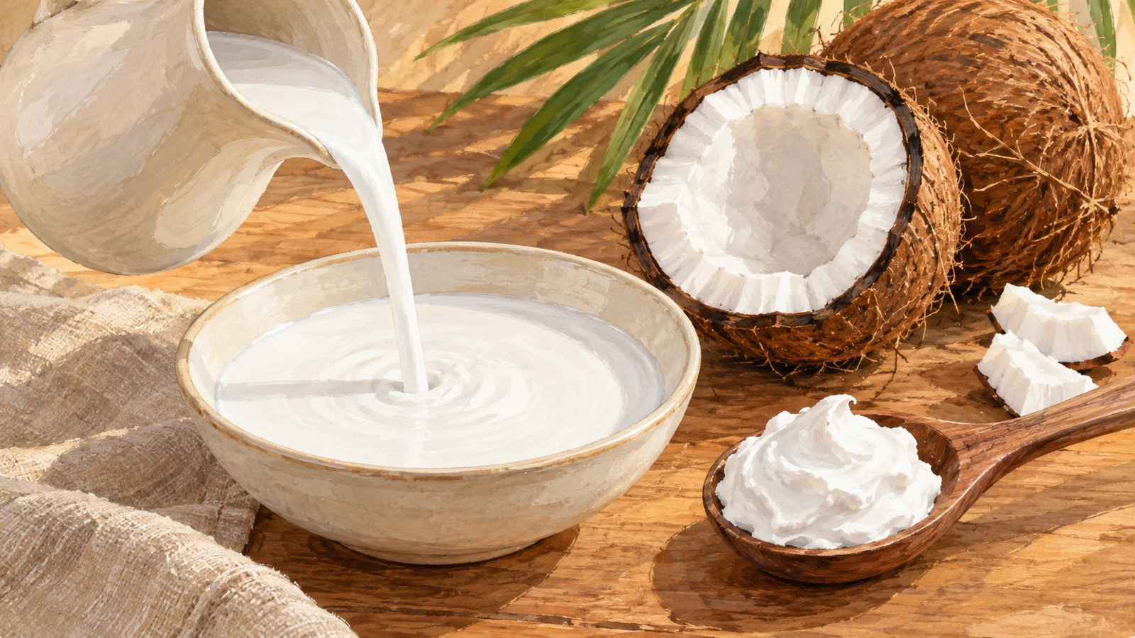 Illustration of coconut milk pouring into a ceramic bowl, thick coconut cream on a spoon and a split mature coconut.