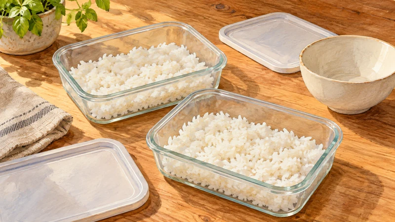 Illustration of cooked rice divided among shallow storage containers