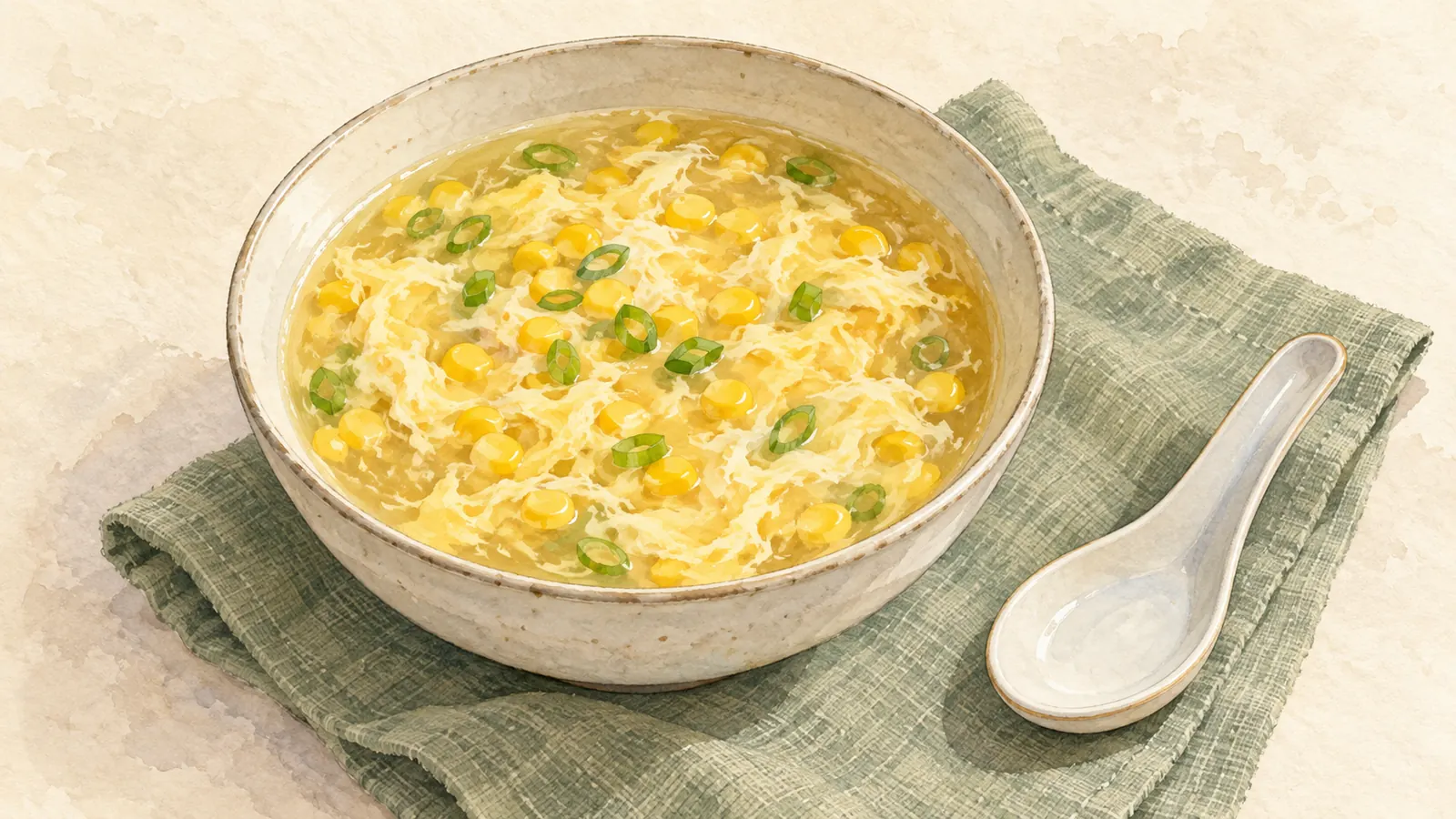 Watercolor illustration of golden corn and egg drop soup with pale egg ribbons and scallion rings in a cream bowl