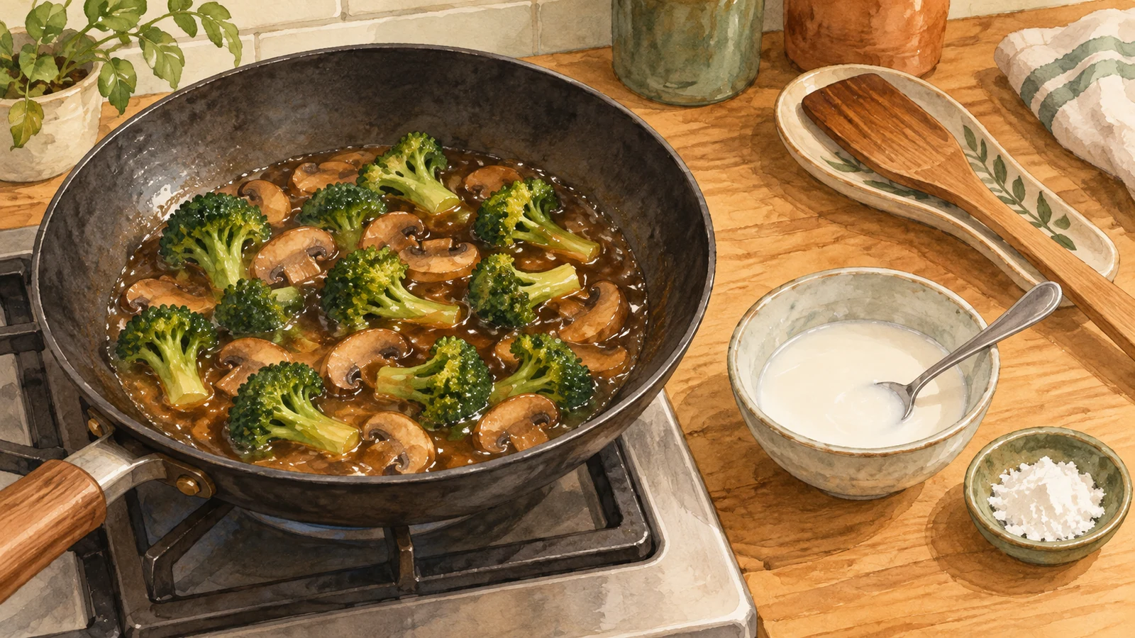 Illustration of broccoli and mushrooms in a glossy sauce beside a bowl of milky cornstarch slurry and a small dish of dry starch