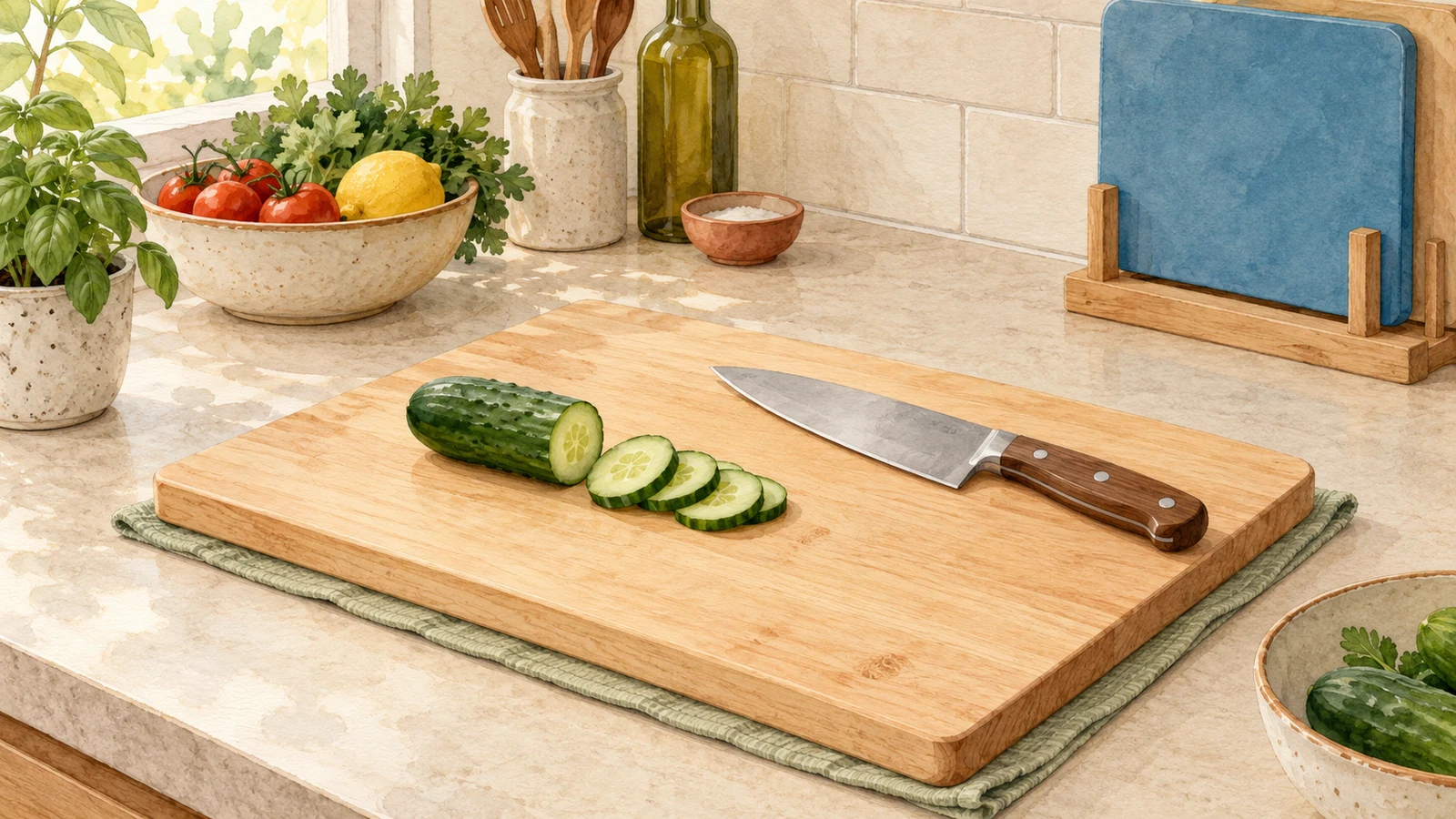 Illustration of a wooden cutting board over a towel, with cucumber slices and a knife, and a separate blue board in a rack
