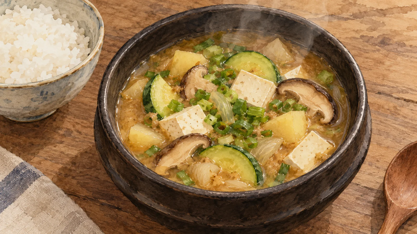 Watercolor illustration of soybean-paste stew with tofu, zucchini, potato and sliced mushrooms in a dark bowl beside rice