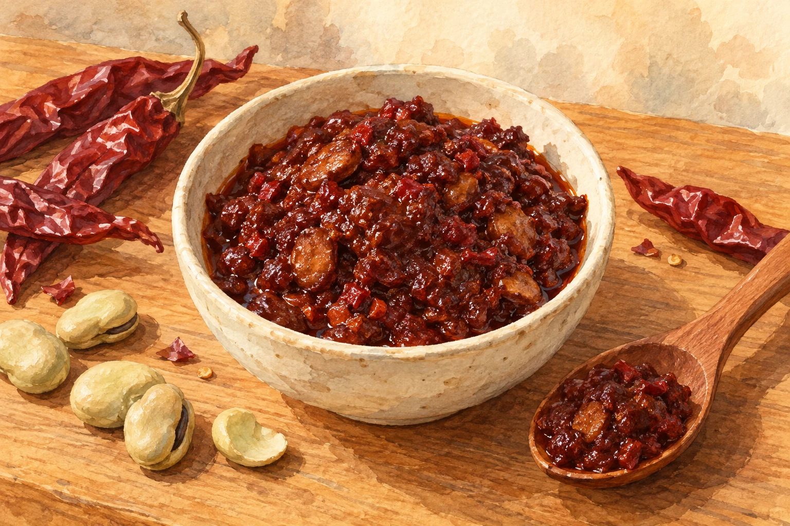 Warm watercolor illustration of chunky dark-red doubanjiang in a cream bowl with broad beans and dried red chiles nearby.