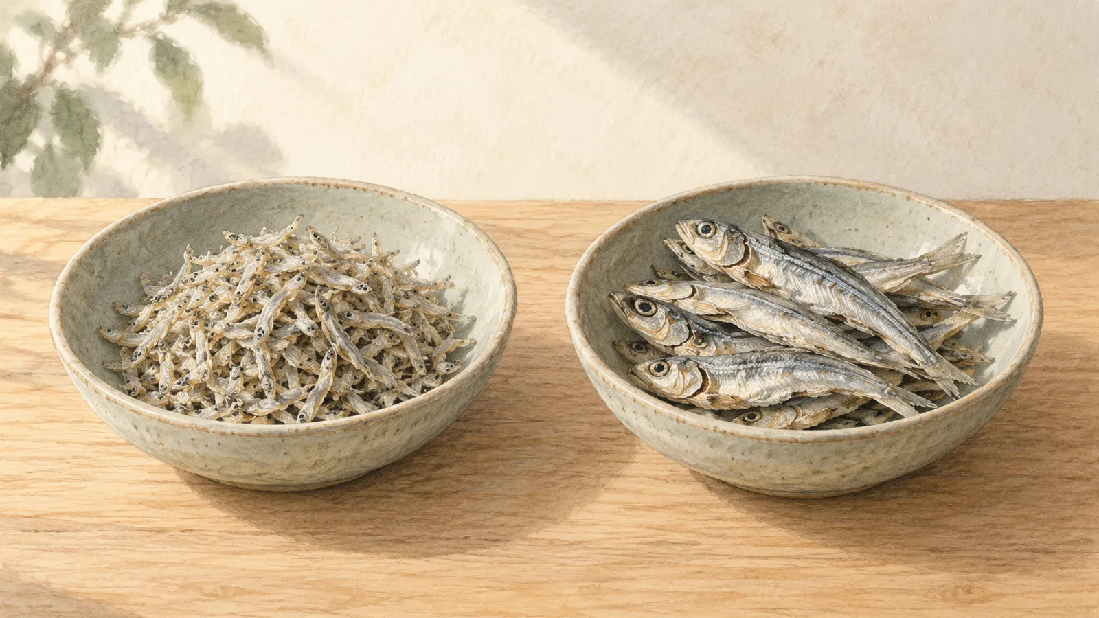 Watercolor illustration of two ceramic bowls holding tiny and larger whole dried anchovies on a wooden surface
