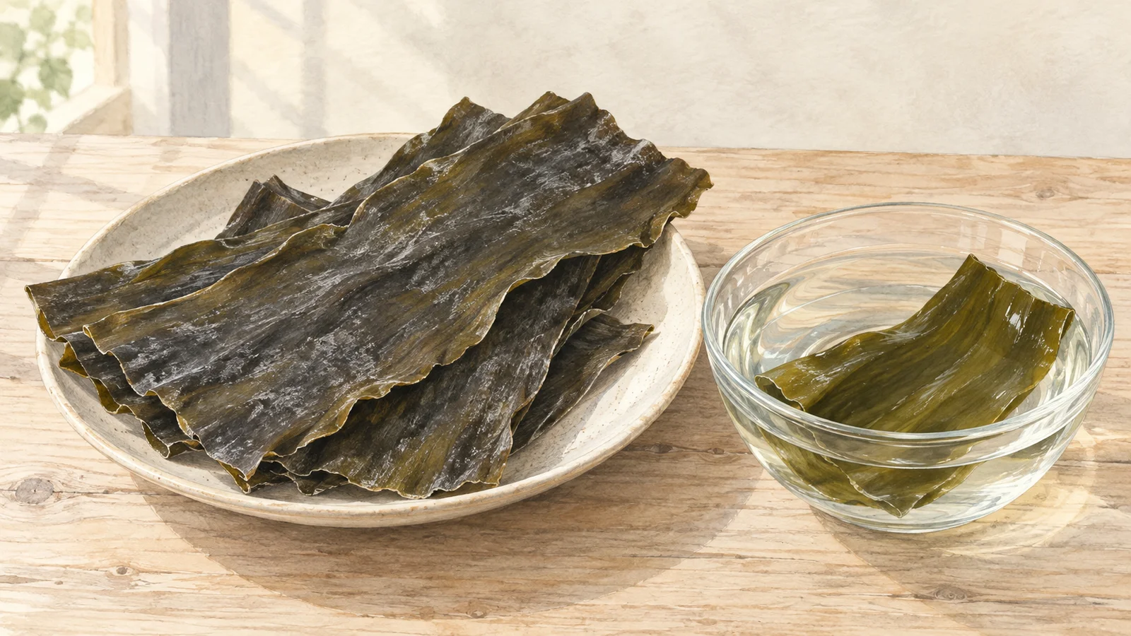 Watercolor illustration of broad dried kombu strips on a ceramic plate beside a glass bowl holding softened kelp in water