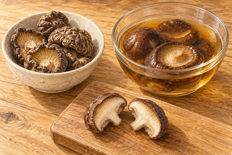 Watercolor illustration of dry wrinkled shiitake caps beside soaked caps in amber liquid and a halved mushroom on a board.