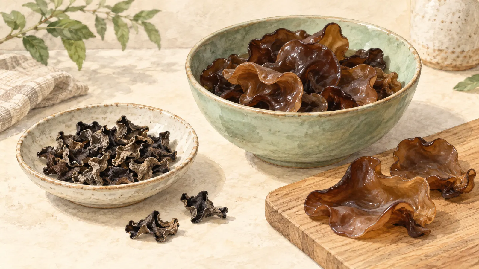 Illustration of small crinkled dried wood ear mushrooms beside expanded brown ruffled pieces in a bowl and on a board