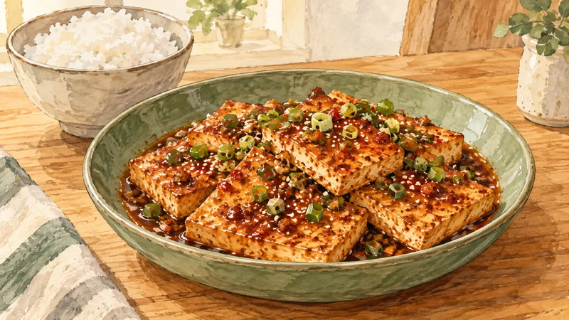 Watercolor illustration of browned tofu slices in red-brown sauce with scallions and sesame, beside a bowl of rice