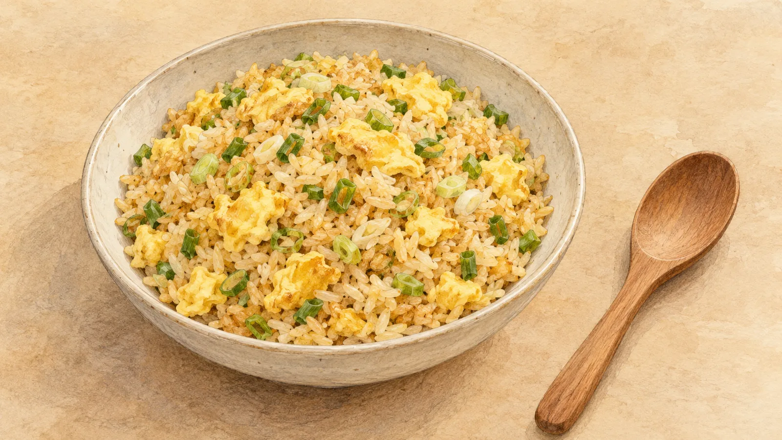 Watercolor illustration of long-grain fried rice with golden egg curds and green scallion rings in an off-white bowl beside a wooden spoon