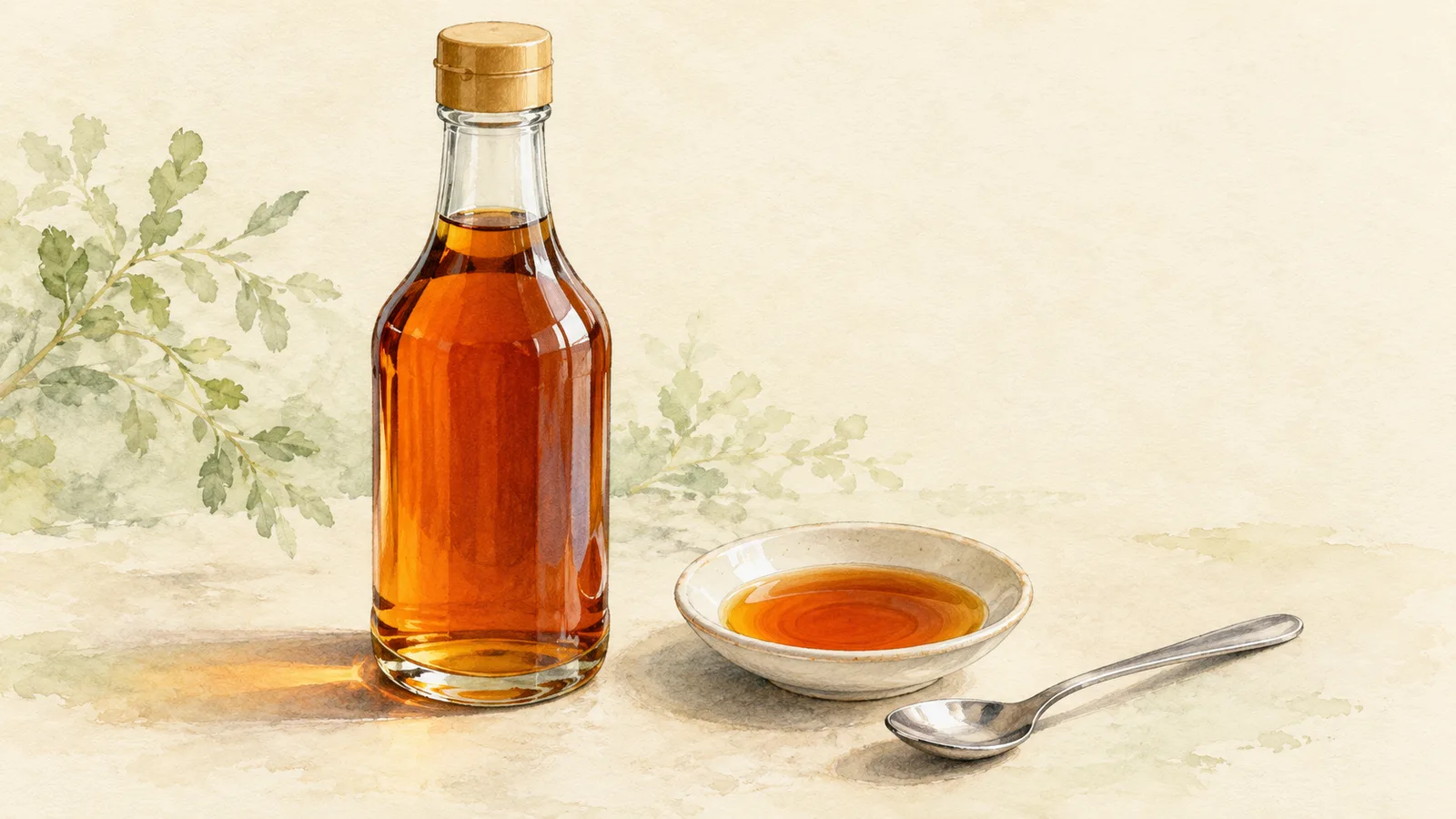 Illustration of amber fish sauce in a plain glass bottle and ceramic saucer with a teaspoon