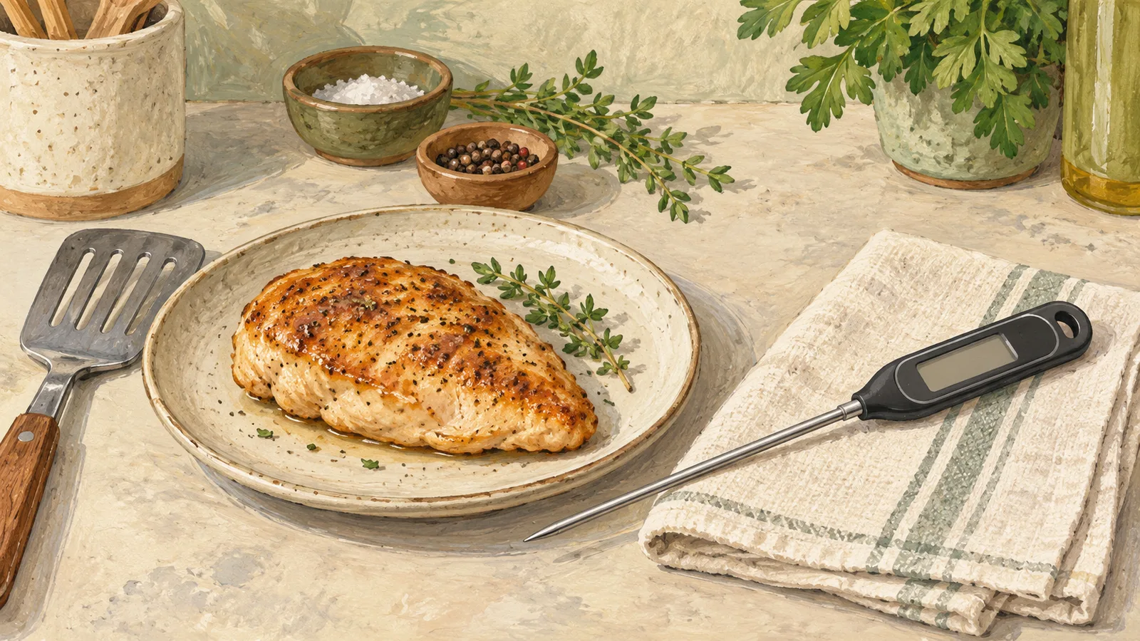 Gouache illustration of an unbranded food thermometer with an inactive display beside a plated chicken cutlet and a spatula