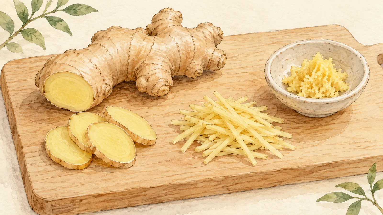 Watercolor illustration of a ginger rhizome, sliced coins, thin matchsticks and a small bowl of grated ginger on a wooden board