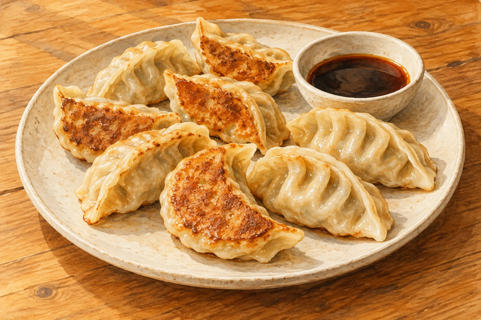 Watercolor illustration of cooked crescent potstickers, some turned to show golden crisp bases, beside a small bowl of dipping sauce.