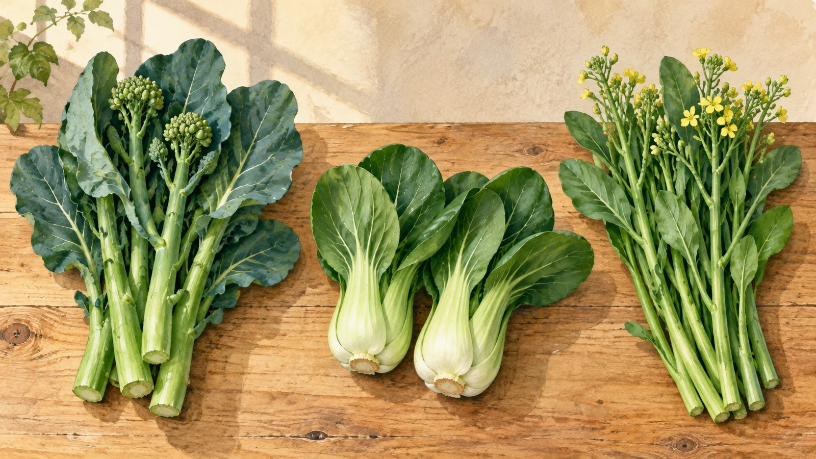 Illustration of gai lan with thick stems and dark leaves, Shanghai bok choy with pale-green stalks, and slender choy sum with small yellow flowers, arranged from left to right.