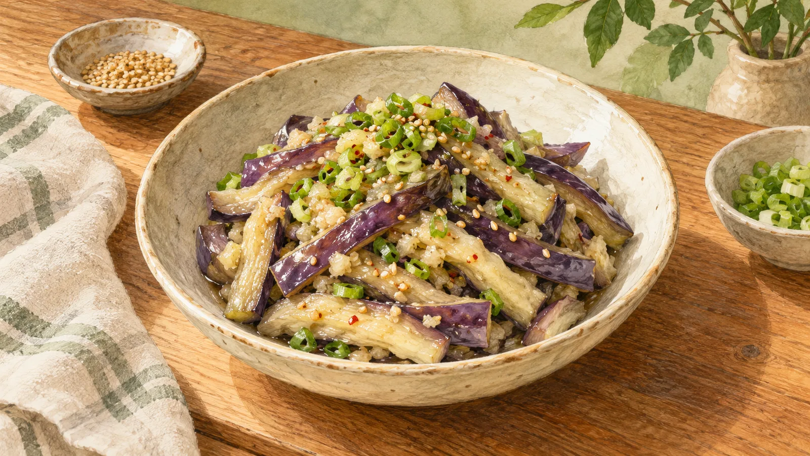 Watercolor illustration of tender steamed eggplant strips with purple skin, scallions and sesame seeds in a shallow ceramic bowl