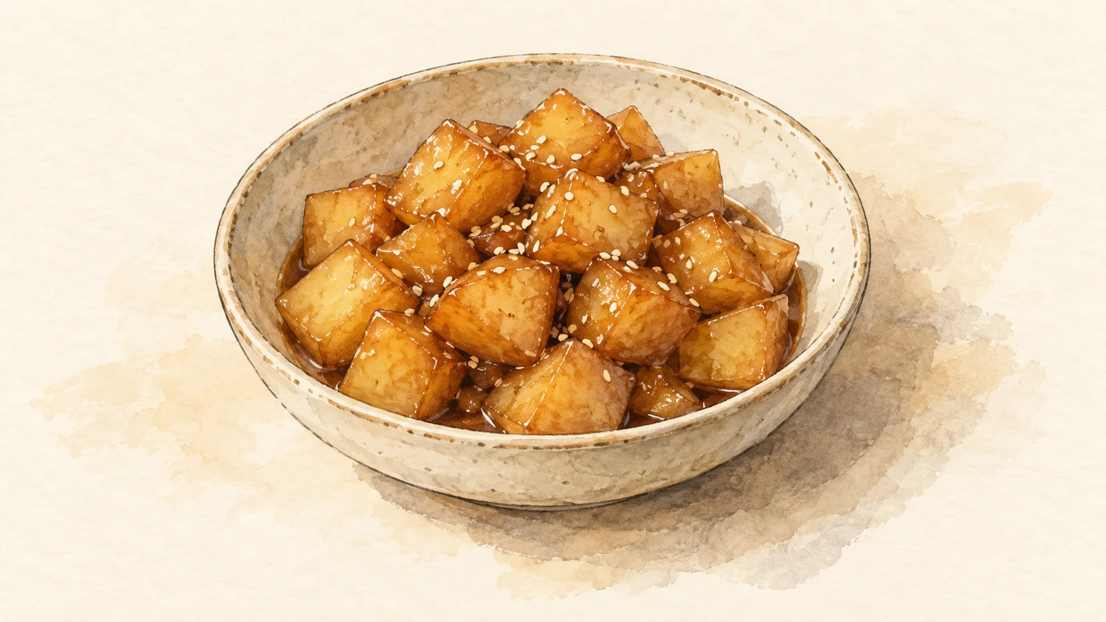 Watercolor illustration of golden potato cubes coated in a brown soy glaze and sesame seeds in a shallow ceramic bowl