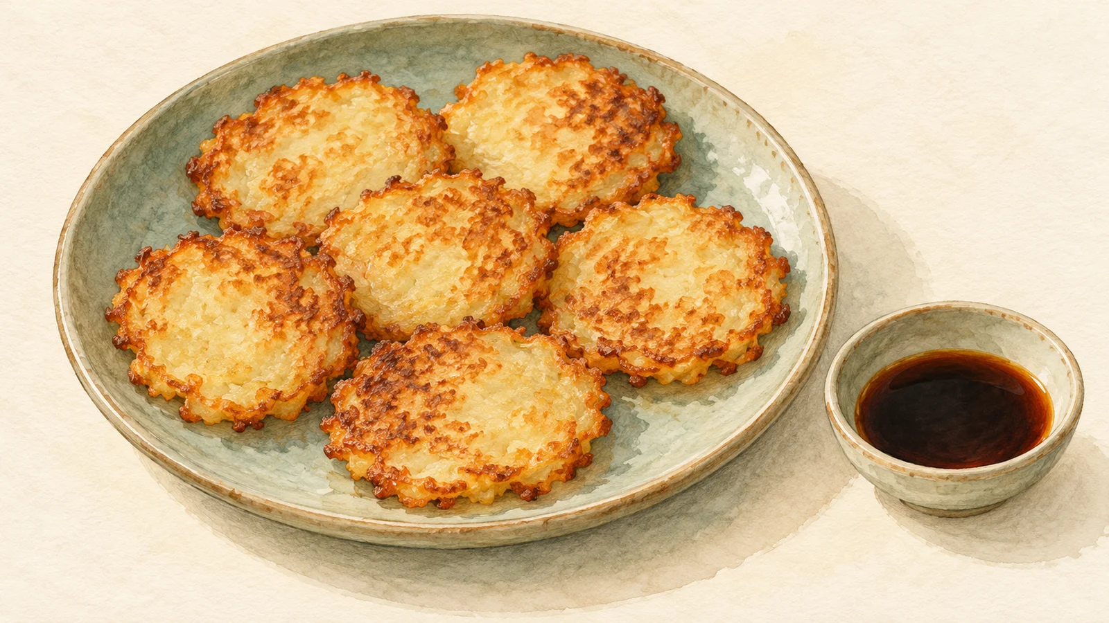 Illustration of six small golden potato pancakes on a celadon plate beside a bowl of soy-vinegar dipping sauce
