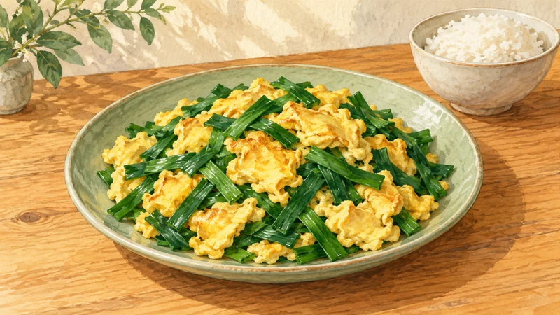 Watercolor illustration of golden cooked egg curds and flat green garlic-chive strips on a sage plate beside a bowl of rice