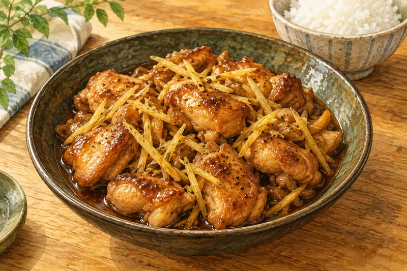 Watercolor illustration of caramel-brown boneless chicken thigh pieces with golden ginger matchsticks in a dark ceramic bowl beside rice.