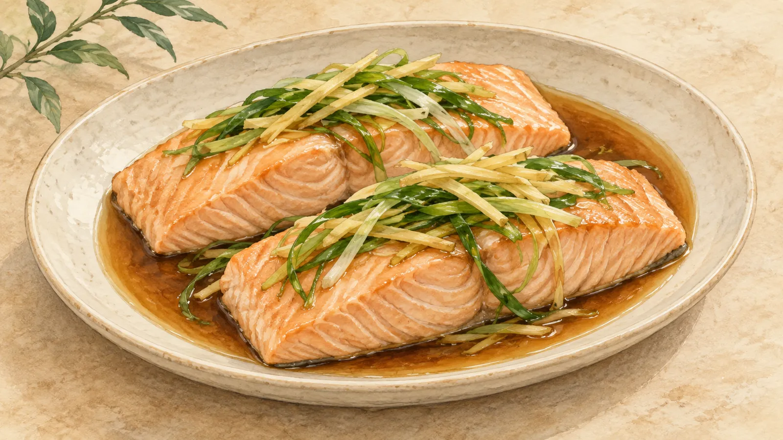 Watercolor illustration of two steamed salmon fillets topped with ginger strips and green scallions in a shallow soy sauce