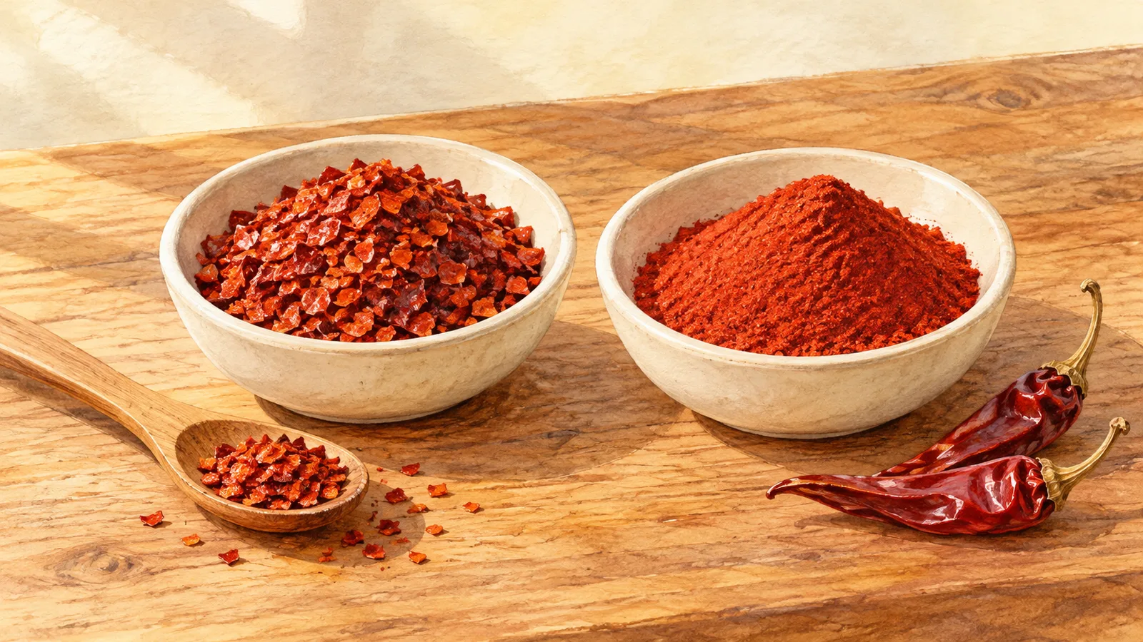 Watercolor illustration of coarse red gochugaru flakes and fine powder in two cream bowls beside dried chilies and a wooden spoon