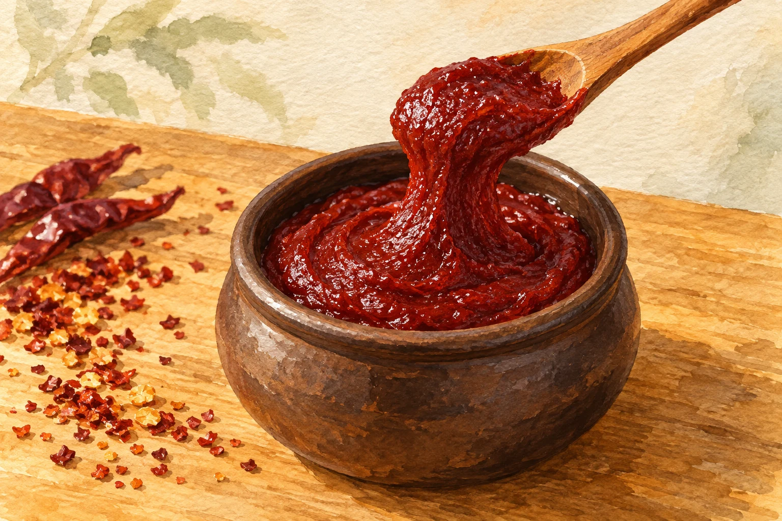Warm watercolor illustration of a spoon lifting thick deep-red gochujang from a brown earthenware crock beside red pepper flakes.