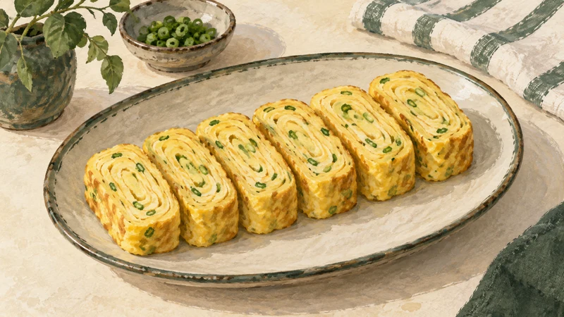 Watercolor illustration of six thick slices of Korean rolled egg omelet with spiral layers and small green scallion flecks.