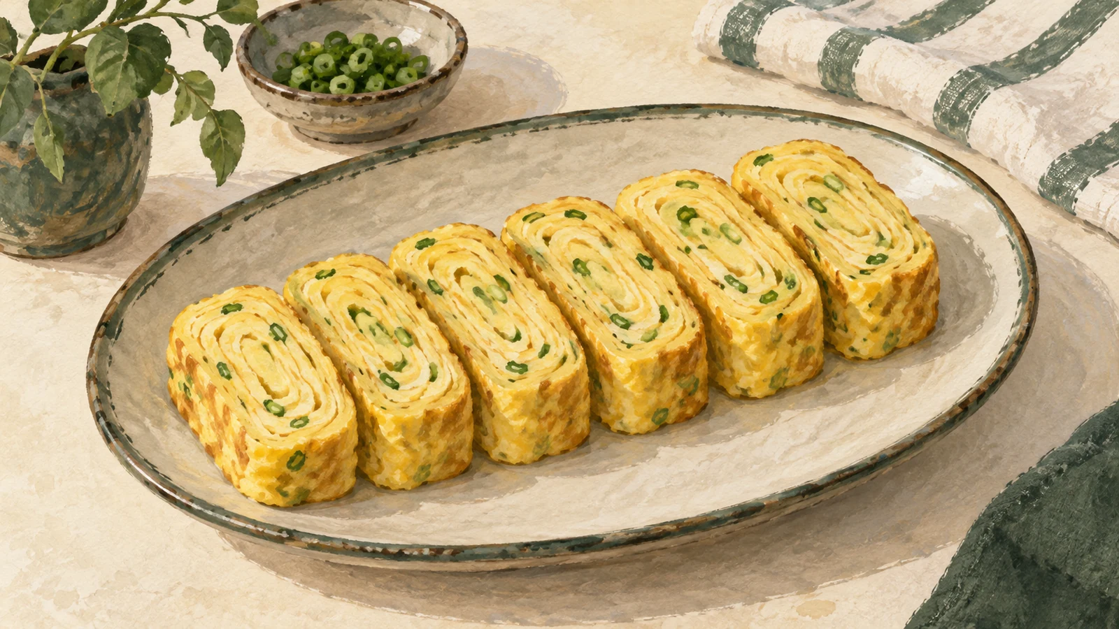Watercolor illustration of six thick slices of Korean rolled egg omelet with spiral layers and small green scallion flecks.