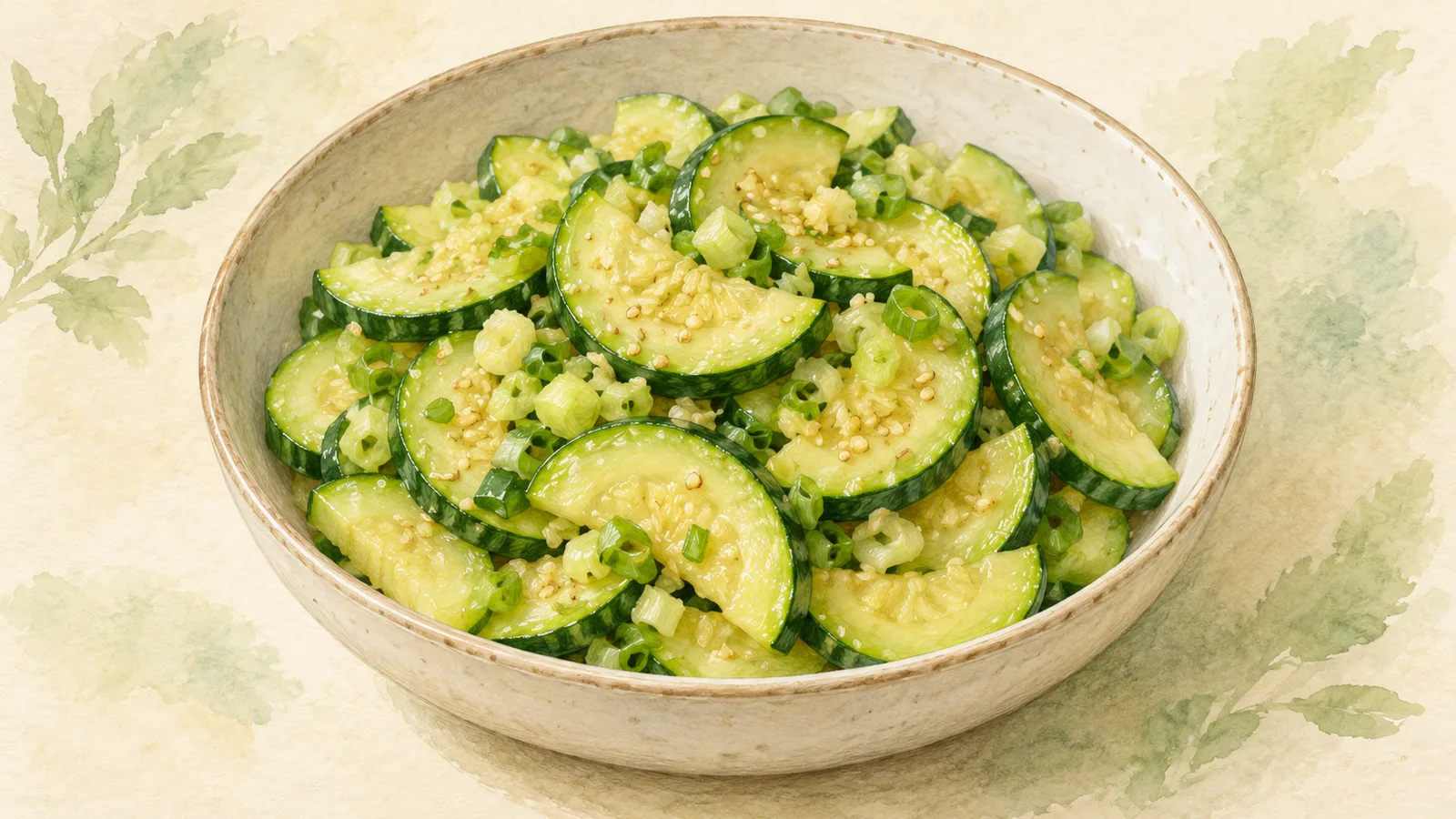 Illustration of tender green zucchini half-moons with scallions and sesame seeds in a shallow ceramic bowl