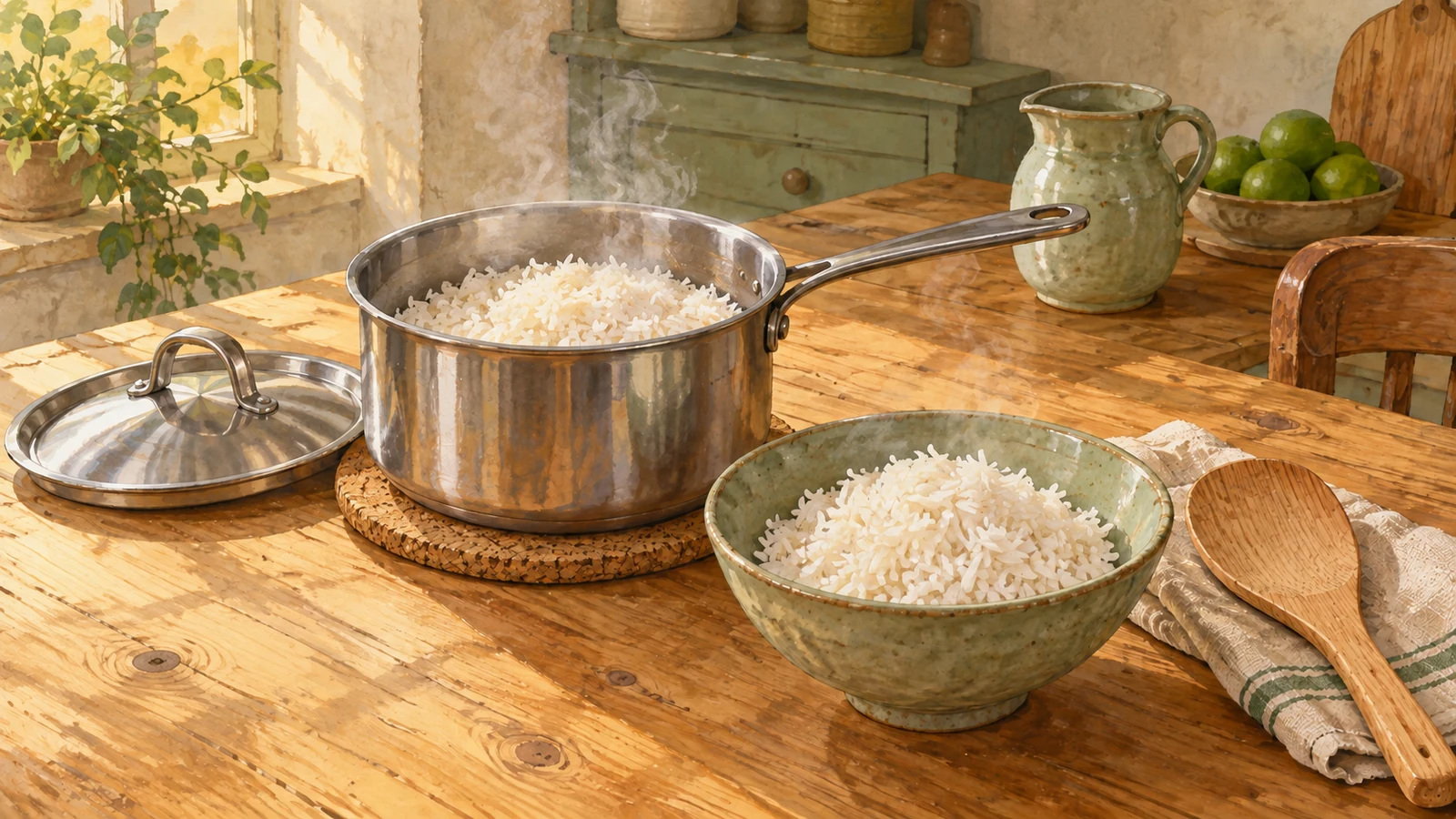 Illustration of cooked jasmine rice in a stainless-steel saucepan beside a ceramic bowl, wooden paddle and resting lid.