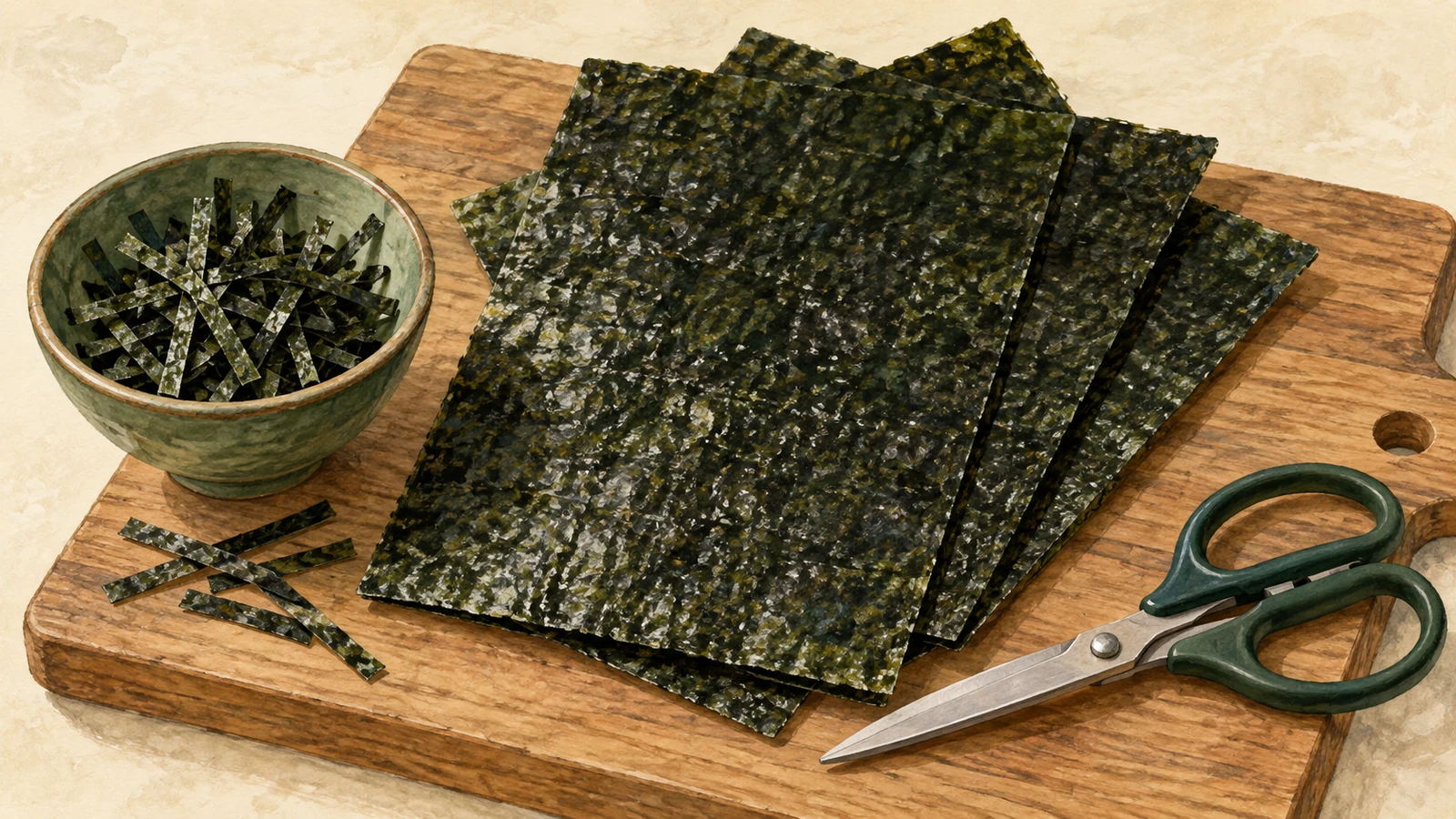 Illustration of dark roasted nori sheets, a bowl of cut strips and kitchen scissors on a dry board.