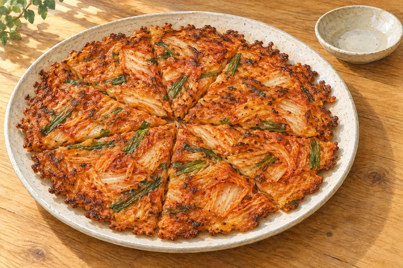 Watercolor illustration of a thin kimchi pancake with crisp browned edges and scallion pieces, cut into wedges on a cream plate.