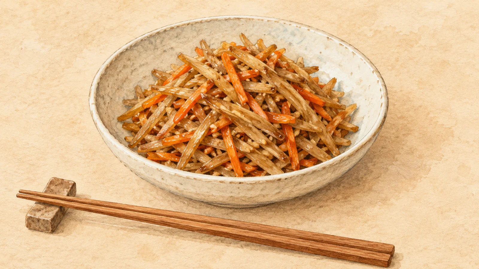 Watercolor illustration of tan burdock and orange carrot matchsticks with sesame seeds in a shallow ivory bowl beside chopsticks