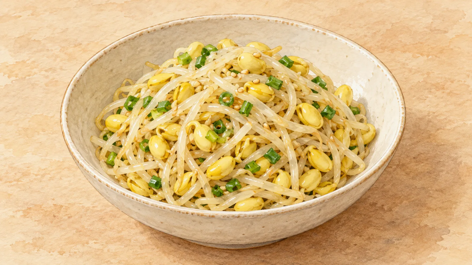Illustration of cooked soybean sprouts with yellow bean heads, green scallion and sesame seeds in an ivory bowl