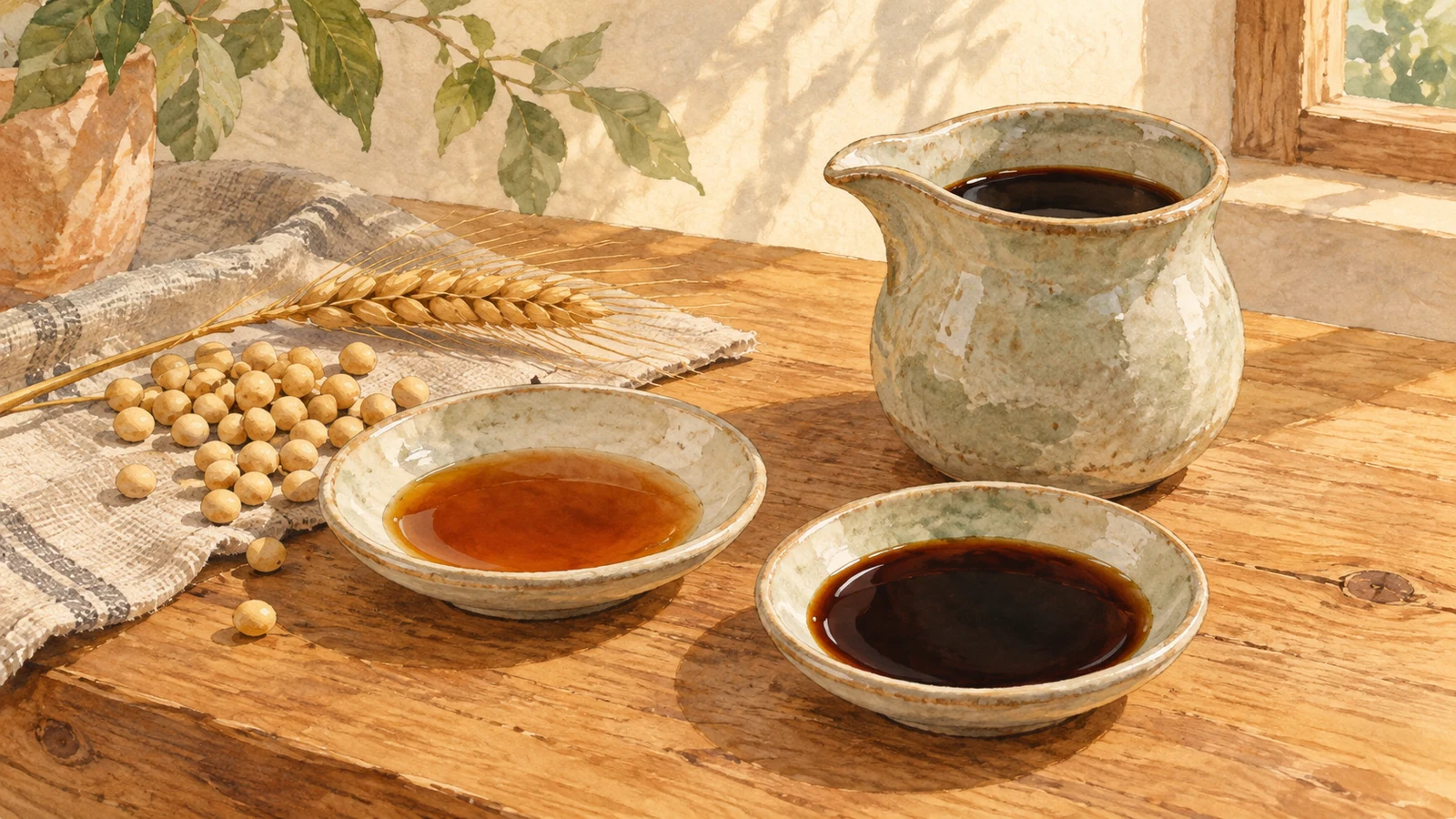Illustration of soy sauce in ceramic dishes and a pouring vessel, with soybeans and wheat on a sunlit kitchen table.