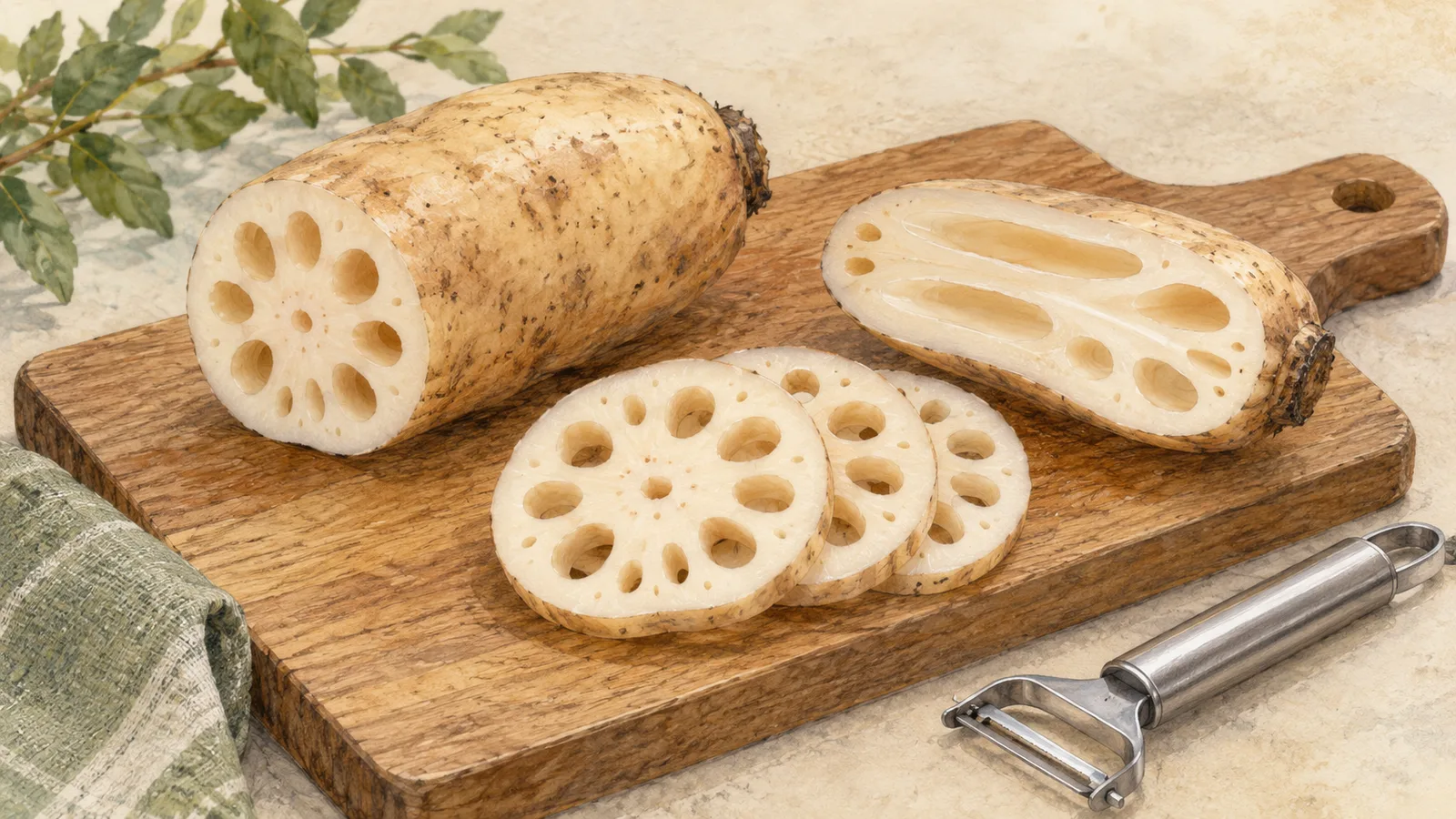 Watercolor illustration of a beige lotus-root segment, ivory round slices with open channels and a cut section on a wooden board beside a peeler