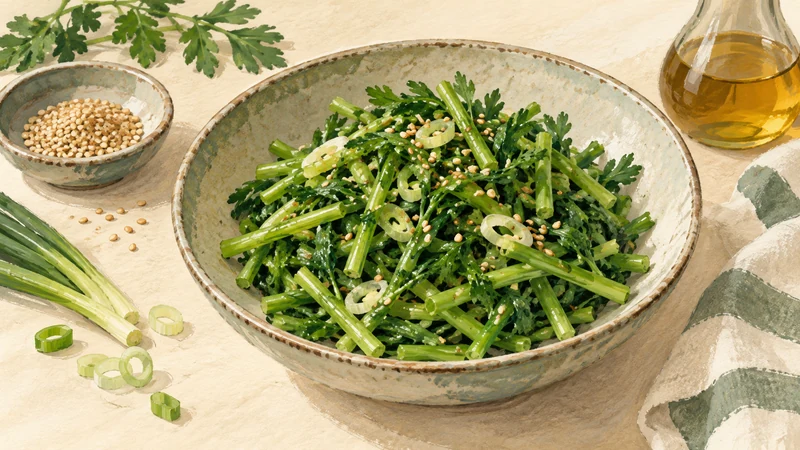Watercolor illustration of blanched minari stems and divided green leaves seasoned with scallion and sesame seeds in a shallow bowl.