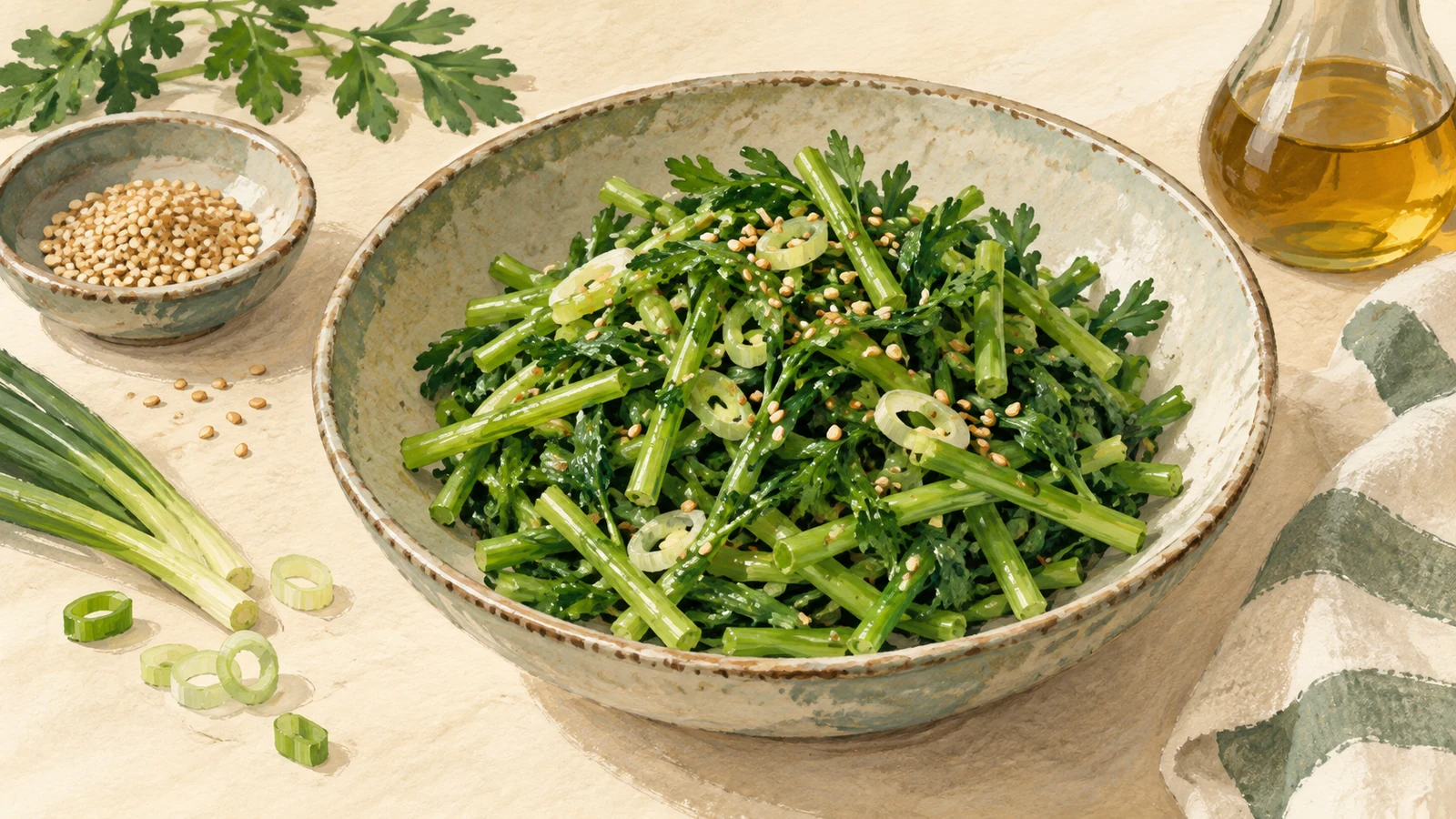 Watercolor illustration of blanched minari stems and divided green leaves seasoned with scallion and sesame seeds in a shallow bowl.