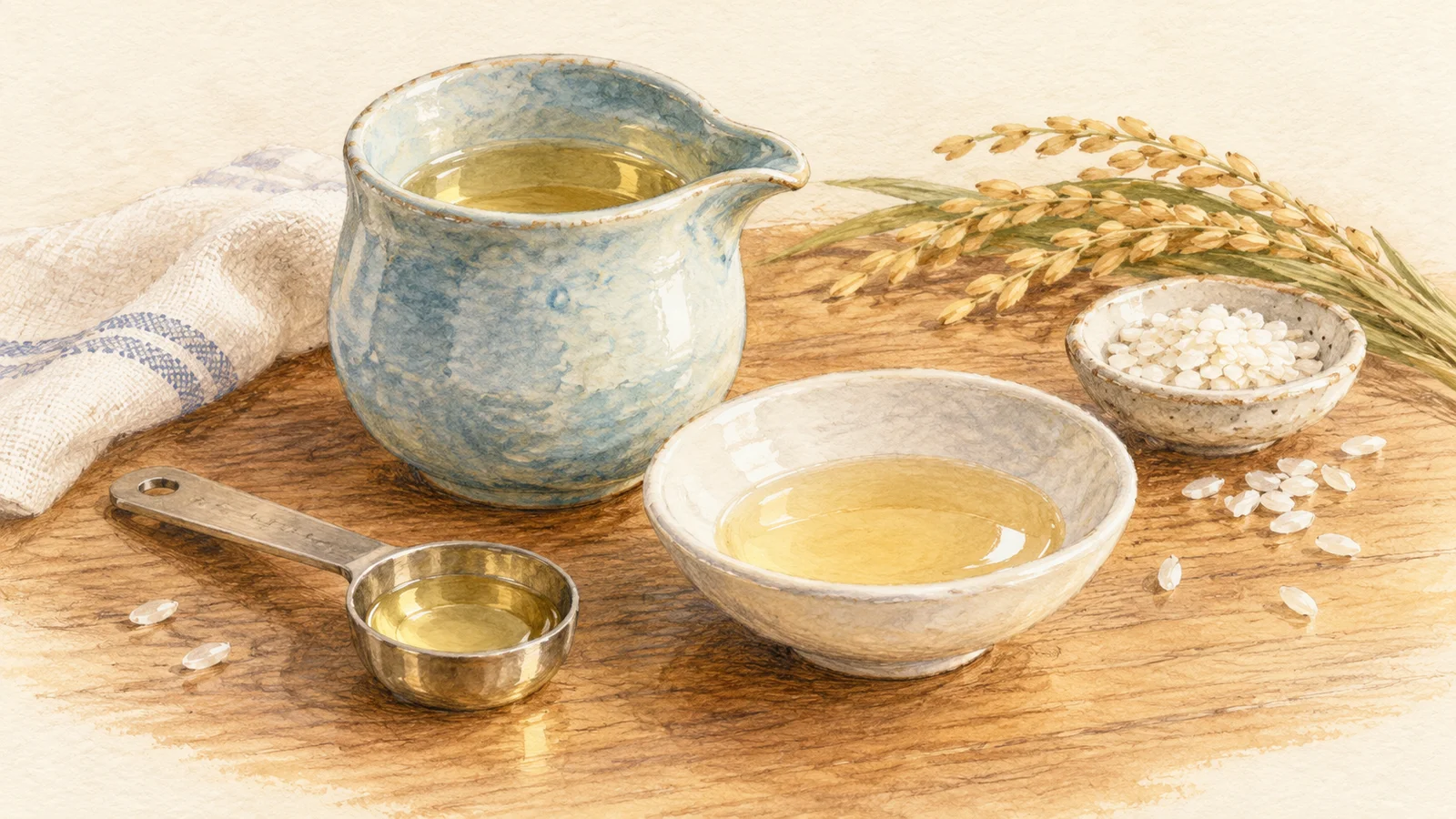 Watercolor illustration of pale gold mirin in a blue ceramic jug, white bowl and measuring spoon beside rice grains